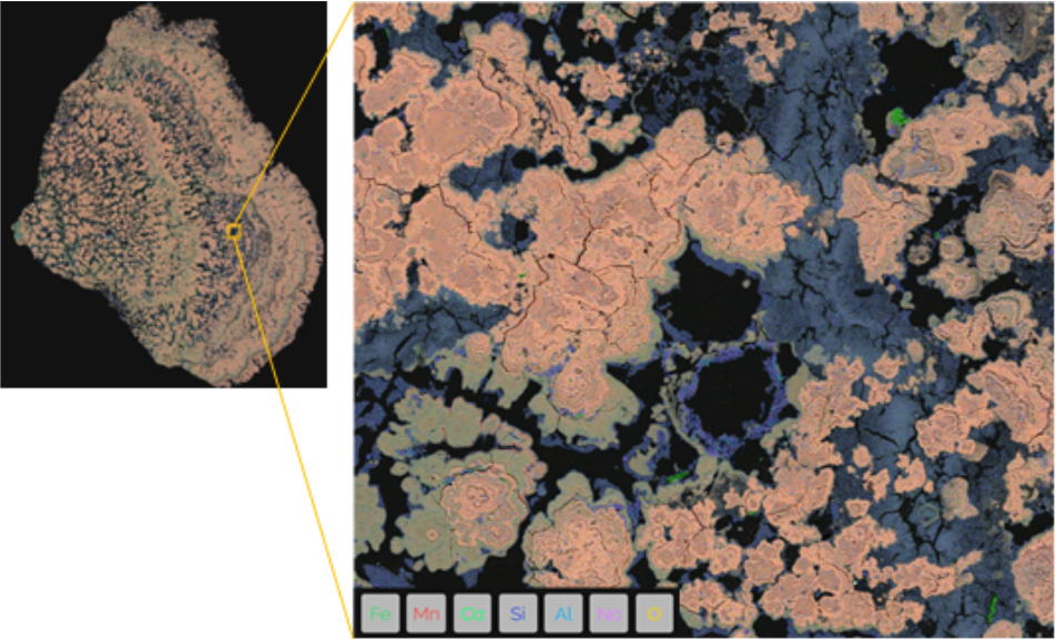 图3 深海锰结核的高倍率大面积BEX图像，包含1288个视野，单视场放大倍率为395X，数据采集耗时3小时26分钟。
