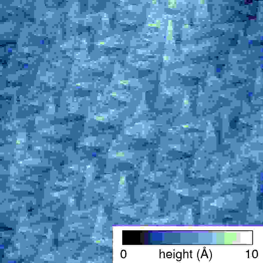 Ultra-low roughness epitaxial silicon wafer imaged on the Asylum Research Jupiter XR large-sample AFM. The roughness (Sa) for this 1 µm scan area was measured at only 0.902 Å.