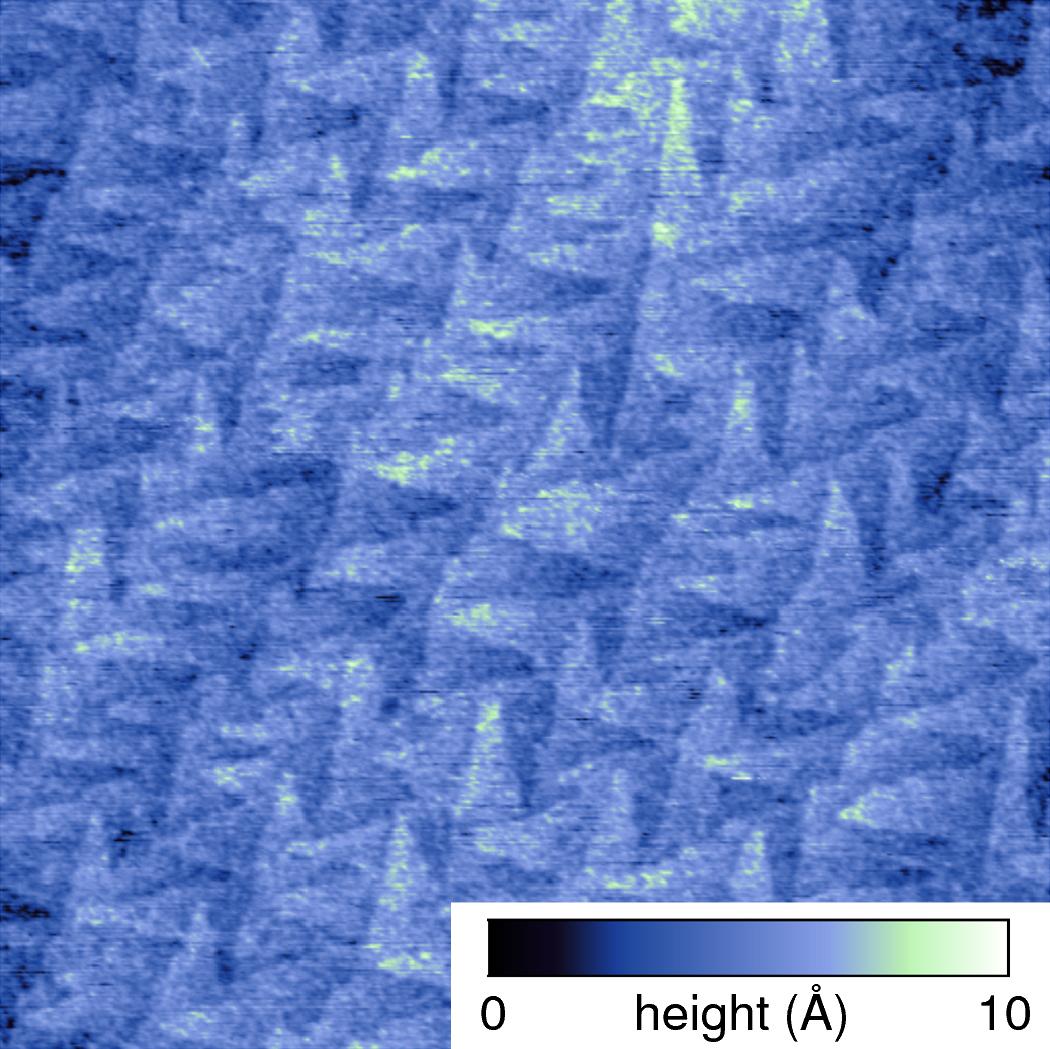 Ultra-low roughness epitaxial silicon wafer imaged on the Asylum Research Jupiter XR large-sample AFM. The roughness (Sa) for this 1 µm scan area was measured at only 0.902 Å.